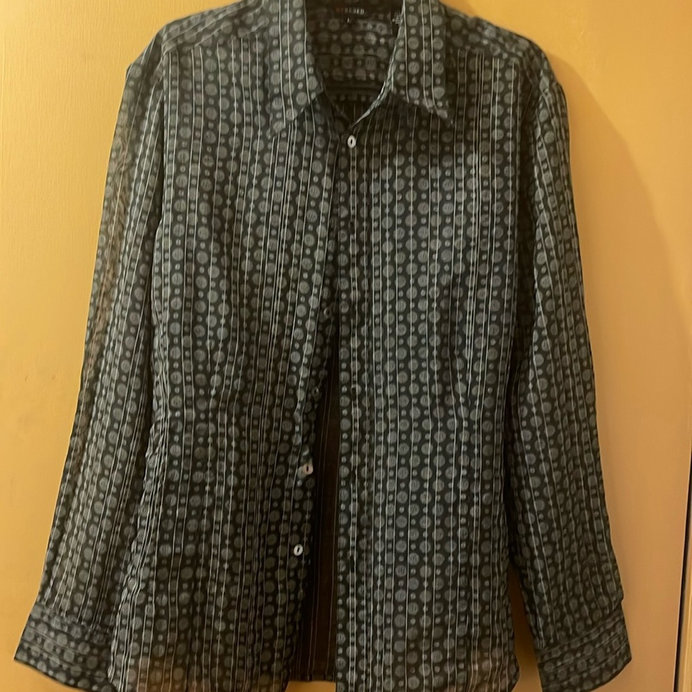 NY Based grey white sheer button down long sleeve shirt large
